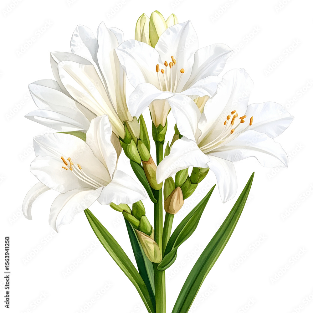 Fototapeta premium Watercolor Tuberose Flowers on Stem – Symbol of Purity and Peace – Transparent PNG