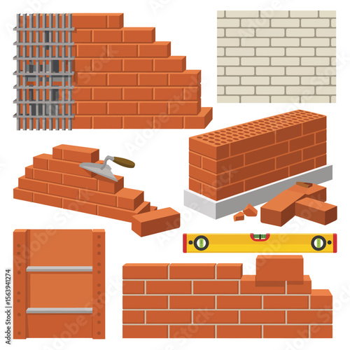 Construction elements and tools for bricklaying and building walls