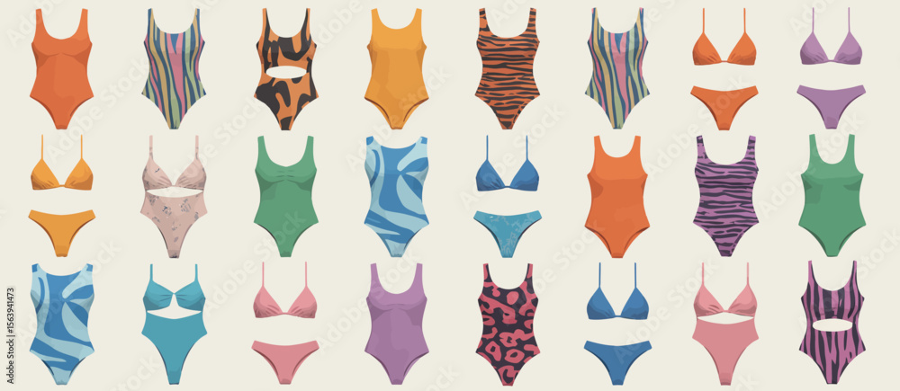 Fototapeta premium Collection of stylish one piece swimsuits and bikinis with various patterns and colors