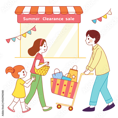 A happy family of three father mother and daughter shopping together at a store during a summer clearance sale event