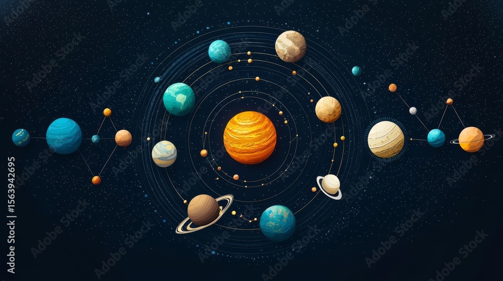Naklejka premium A colorful illustration of planets in a solar system, showcasing unique designs and orbital paths.
