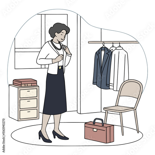 A stylish professional woman is getting dressed in her closet adjusting her necklace ready for a business day with suits hanging nearby