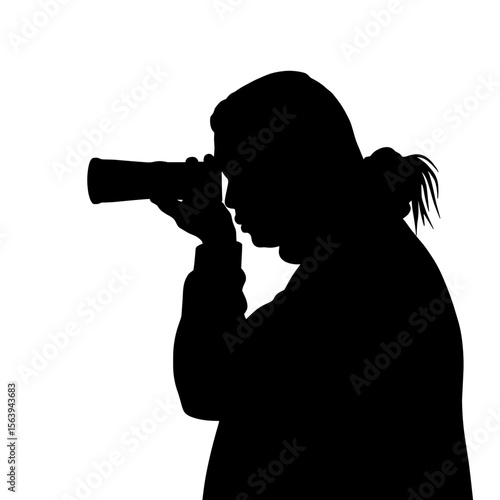 Photographer silhouette using professional camera, picture shows cameraman with telephoto lens. Photographer silhouette illustrates passion and expertise, essential tool for capturing memori