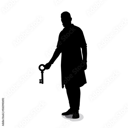 Silhouette of man holding key. Silhouette highlights male figure standing with key, symbolizing opportunity. Man and key present silhouette, perfect for mystery project.