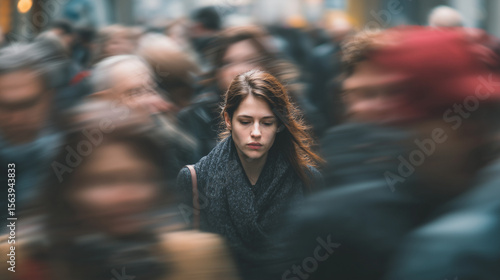 A woman feeling lonely and isolated in a crowded place, surrounded by people yet emotionally distant, expressing solitude, introspection, and urban human emotion.