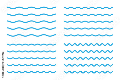 Wave line set. Vector water waves. Set of wavy zigzag lines. Simple undulate borders, transverse horizontal lines. Sine, fluid, air, wind sign.