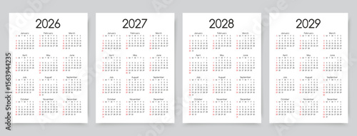 2026, 2027, 2028, 2029 calendars for year. Calender templates. Week starts Sunday. Organizer with 12 month in English. Scheduler layout. Simple planner. Portrait orientation, A4. Vector illustration