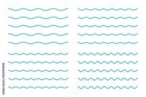 Wave line set. Vector water waves. Set of wavy zigzag lines. Simple undulate borders, transverse horizontal lines. Sine, fluid, air, wind sign.