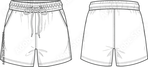 Shorts sketch, drawstring waistband, front and back view, pocket detail, stitching pattern, elastic closure, fashion illustration, apparel layout, garment design, clothing concept