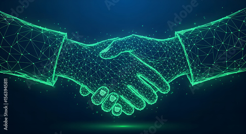 3D green digital handshake made with connected lines and dots – blockchain smart contract, fintech partnership, AI technology, online agreement concept
