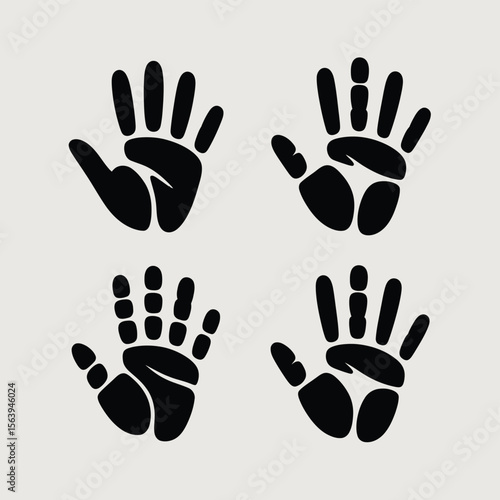 Four black handprint silhouettes on a light grey background