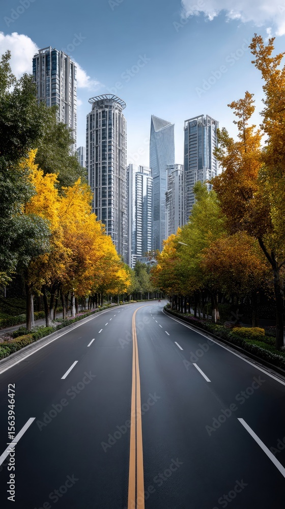 Obraz premium Colorful autumn foliage lines a vacant highway leading to a stunning urban skyline in sunny Seoul under clear blue skies