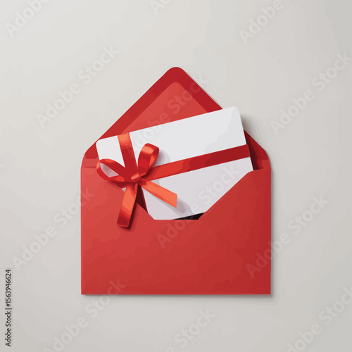 Red envelope with a white gift card tied with a red ribbon