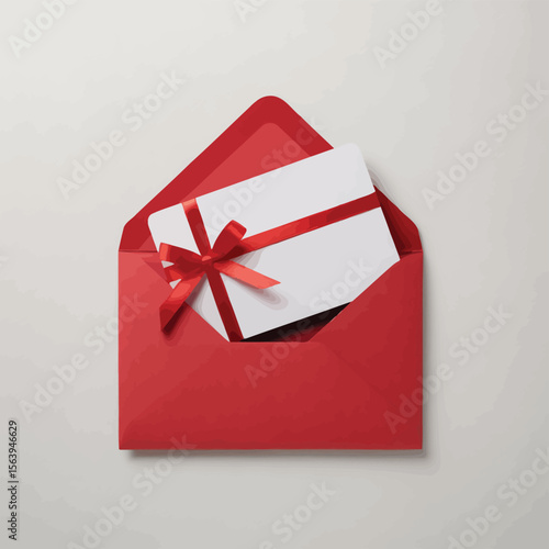 Red envelope containing white card tied with red ribbon and bow