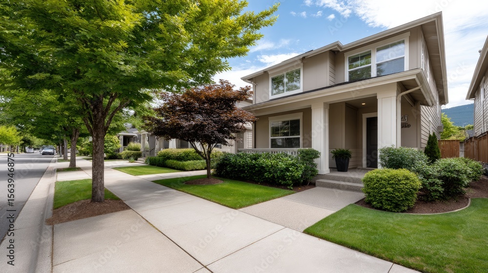 Fototapeta premium Enjoy the beauty of a home with manicured landscaping and vibrant greenery in a serene setting