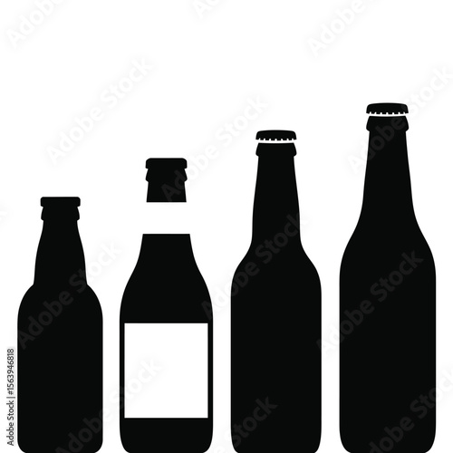 Four black silhouette beer bottles of varying sizes on a white background