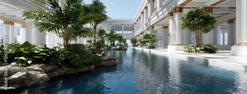 Lush greenery surrounds a tranquil pool in a Greek and Roman-inspired garden filled with sunlight and elegant marble columns