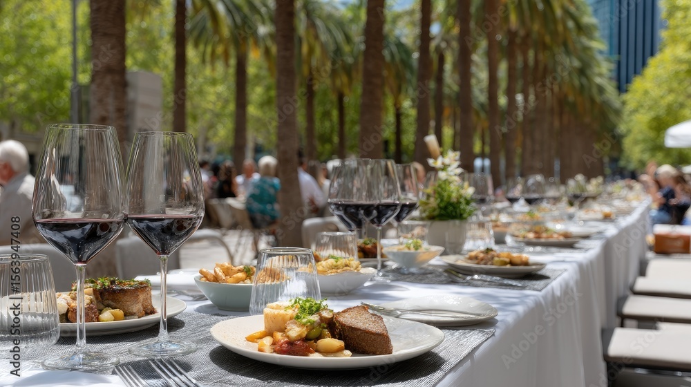 Fototapeta premium People savor red wine and tapas in an outdoor dining area at sunset, surrounded by palm trees and historic architecture