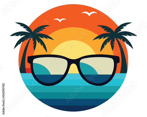 Retro summer sunset scene with sunglasses palm trees and serene ocean in a circle illustration. t-shirt design, summer, sunset, beach, sunglasses.