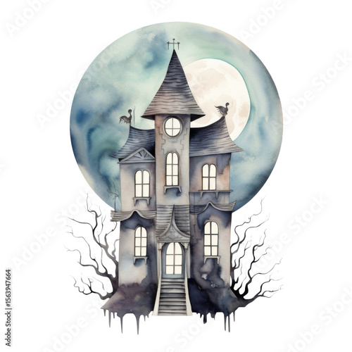 Halloween haunted house with moon in watercolor style