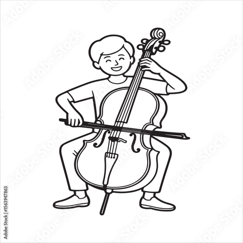 Happy young boy playing the cello with a bow in a black and white drawing