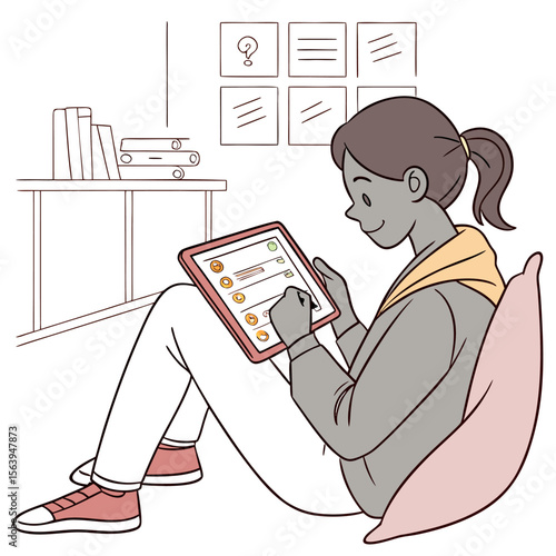 Young woman sitting on the floor using a tablet computer with a stylus surrounded by books and a wall with notes