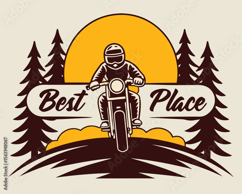 Vintage motorcycle rider design with sunset and trees illustrating the best place concept outdoors.
