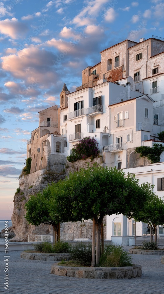 Obraz premium Breathtaking landscape of Coast reveals stunning hillside homes and tranquil sea under a dramatic evening sky