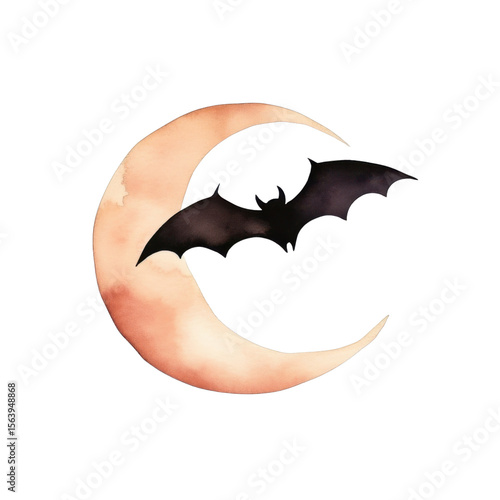 Halloween bat flying over crescent moon in watercolor