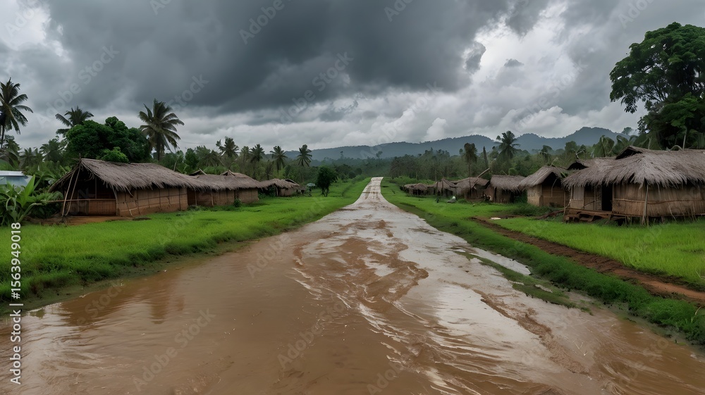 Obraz premium Wet Village Road Winding Through Lush Greenery and Traditional Huts, Overcast.