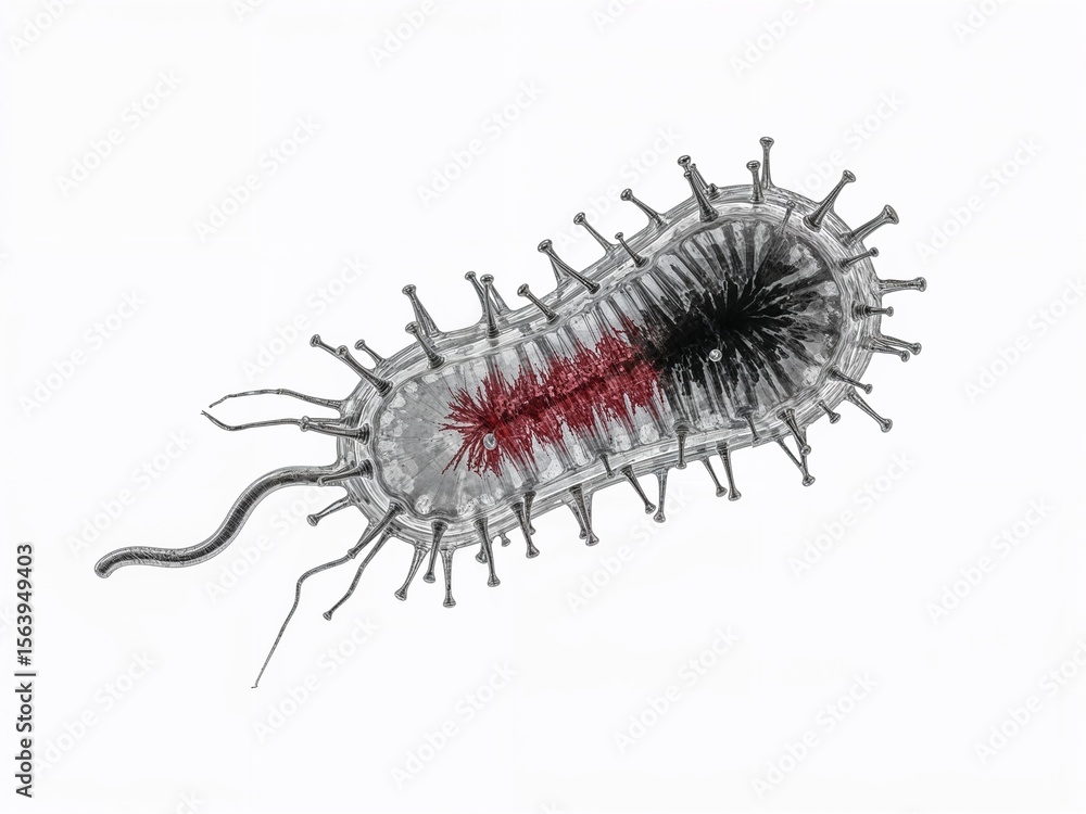Illustration of a bacteriophage virus with tail fibers and internal structures on a white background Illustration of a bacteriophage virus with tail fibers and internal structures on a white background