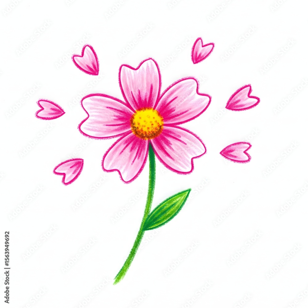 Obraz premium Vibrant pink cosmos flower with falling petals and green stem isolated on white background