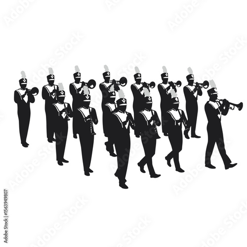 Marching band musicians playing instruments in uniform formation  
