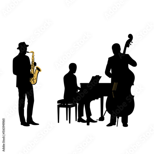 Jazz musicians playing instruments on white background  