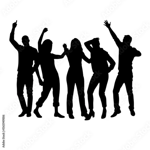 Group of friends dancing and celebrating in silhouette on white background  