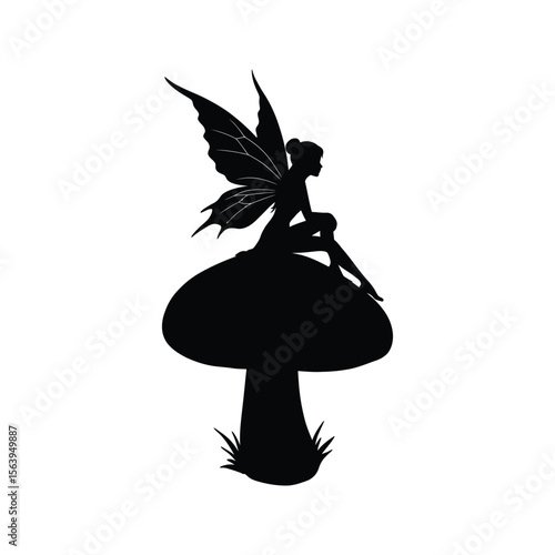Silhouette of a fairy sitting on a mushroom whimsical fairytale illustration magical creature fantasy art black and white image