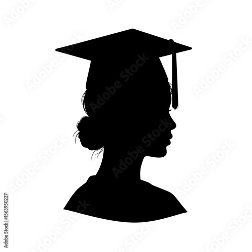 Silhouette of graduate woman wearing graduation cap on white background  