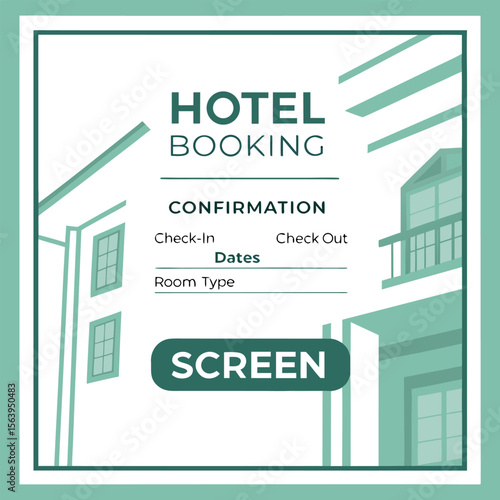 Hotel booking confirmation screen with fields for check in and check out dates and room type with stylized building graphics