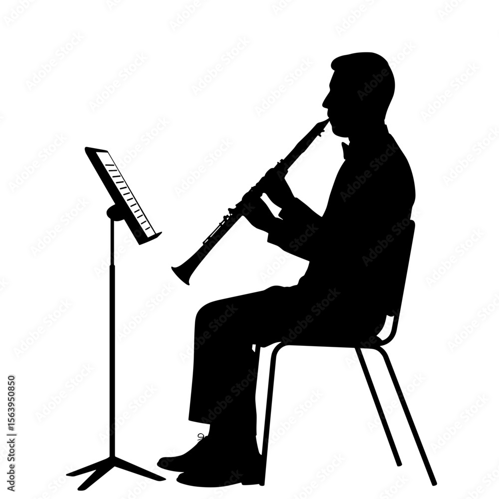 Naklejka premium Silhouette of a musician playing a clarinet while sitting on a chair 