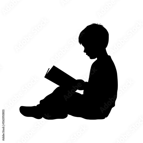Young boy reading a book in silhouette on white background  