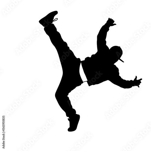 Breakdancer performing dance move in silhouette on white background  
