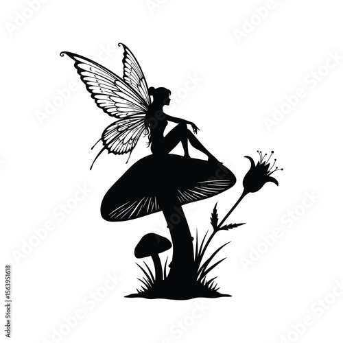 Silhouette of fairy with wings sitting on a mushroom in a field of grass and flowers