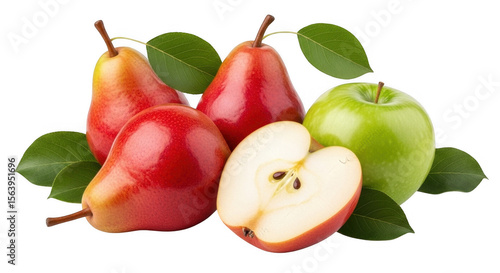 Vibrant Fresh Red and Green Apples Paired with Juicy Pears and Lush Green Leaves for Nutritious Cooking and Healthy Eating, isolated on a transparent background