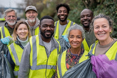 Diverse group of volunteers in safety vests holding garbage bags and smiling for the camera, participating in community cleanup.