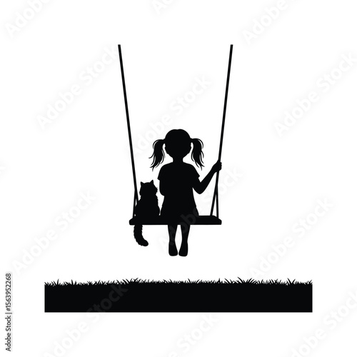 Silhouette of girl and cat on swing set playful outdoor scene childrens illustration vector graphic
