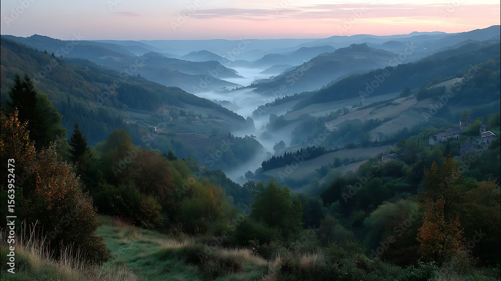 Obraz premium Serene mountain valley at dawn with mist and forest scenery in auvergne rhone alpes france landscape