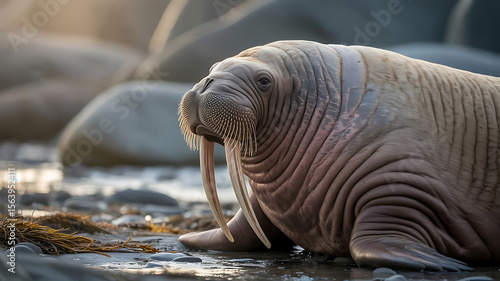 A walrus rests on a rocky shore.
