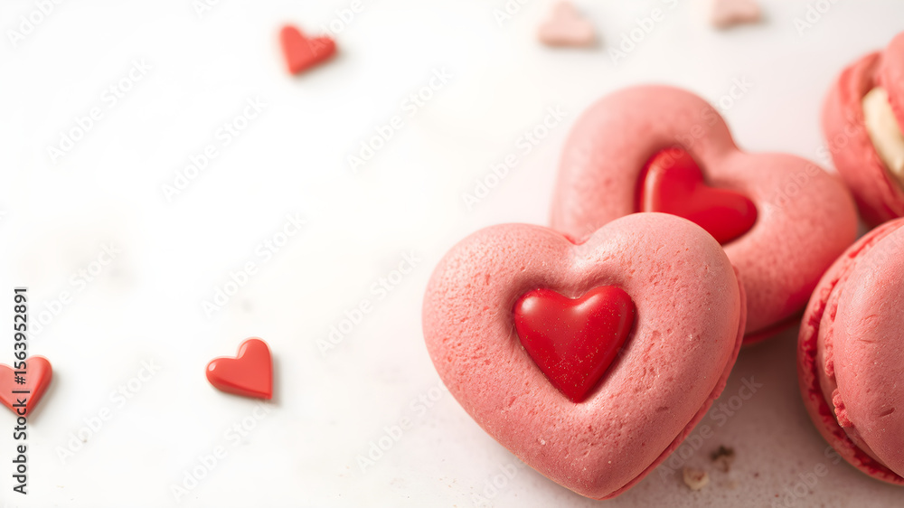 Obraz premium Close-up of red heart-shaped macarons filled with cream