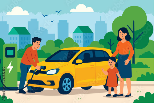 Family Charging Electric Car at EV Station in Green City Park – Flat Vector Illustration for Eco-Friendly Transportation and Sustainable Living