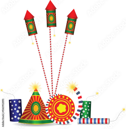 Fire cracker with decorated diya for happy Diwali holiday of India